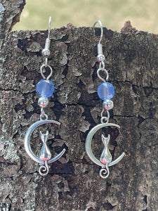 Cat on Crescent Moon Earrings
