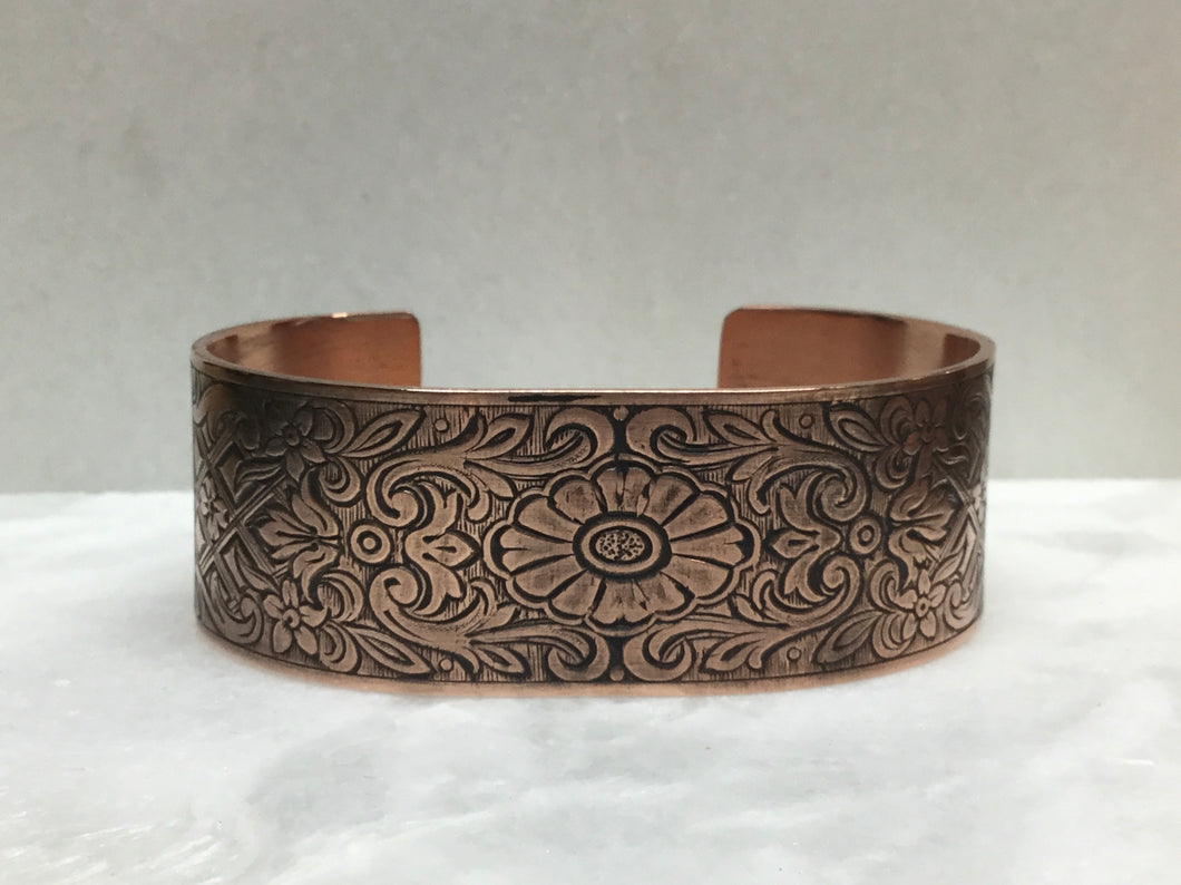 Copper Cuff Bracelet Wide with Flowers