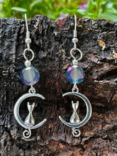 Load image into Gallery viewer, Cat on Crescent Moon Earrings