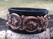 Load image into Gallery viewer, Copper Sunflower and Leather Cuff Bracelet
